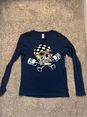 Ed Hardy Navy Long Sleeve Tee with Skull Racing Graphic